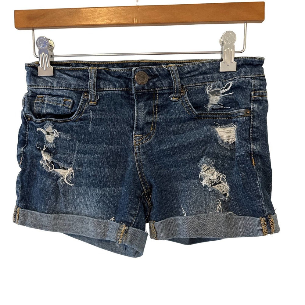 Aeropostale Womens Distressed Denim Shorts Dark Wash Cuffed Low Rise Size 000